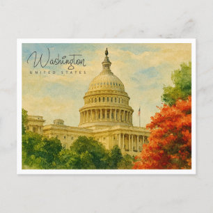 Cartão Postal De Festividades Viagem em Aquarela Retro Washington D.C. EUA
