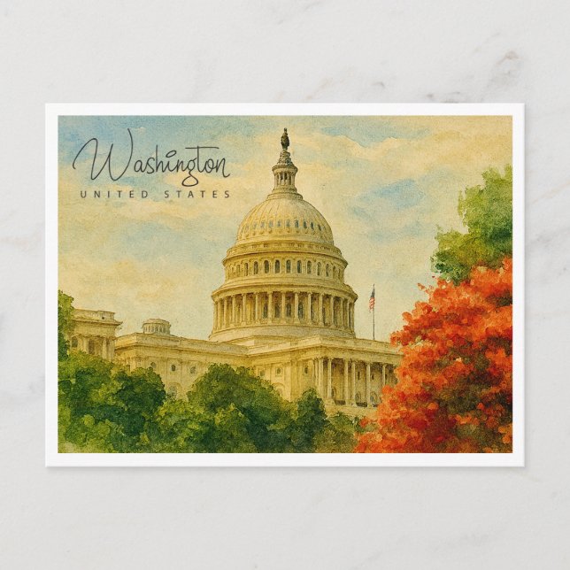 Cartão Postal De Festividades Viagem em Aquarela Retro Washington D.C. EUA (Frente)