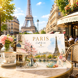 Cartão Postal De Festividades Viagem Romântica em Aquarela Paris França Vintage