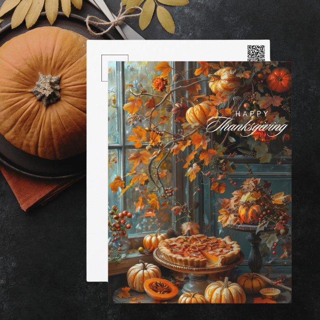 Cartão Postal De Festividades Vibrant Fall Deixa Pumpkin Pie Ação de Graças (Criador carregado)