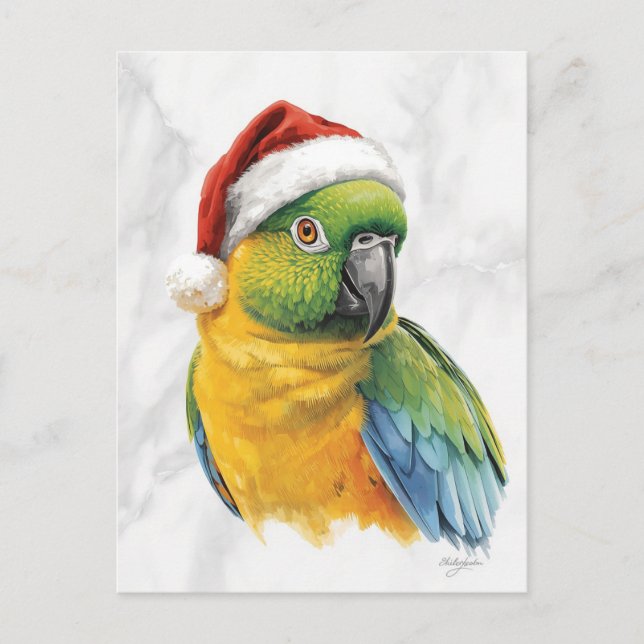 Cartão Postal De Festividades Vibrant Parrot Portrait in Santa Hat (Frente)