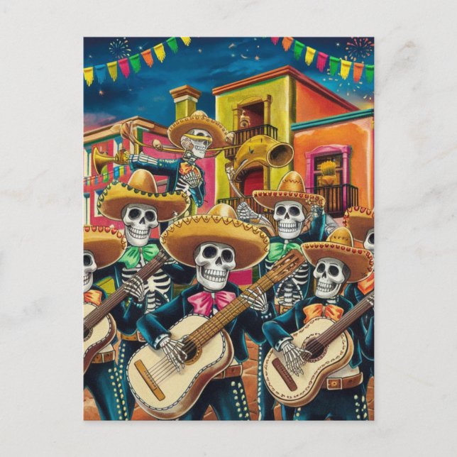 Cartão Postal De Festividades Vibrant Skeleton Mariachi Banda Día de Los Muertos (Frente)