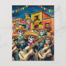Cartão Postal De Festividades Vibrant Skeleton Mariachi Banda Día de Los Muertos