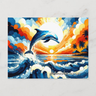 Cartão Postal De Festividades Vibrant Tropical Dolphin Sunset Ocean Art