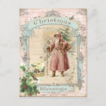 Cartão Postal De Festividades Victorian Santa Claus Pink Tree Birds Christmas<br><div class="desc">This is my collage of Victorian ephemera and my artwork.  A vintage Santa Claus is looking at birds in the snow.  There is a Christmas tree too.</div>
