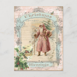 Cartão Postal De Festividades Victorian Santa Claus Pink Tree Birds Christmas