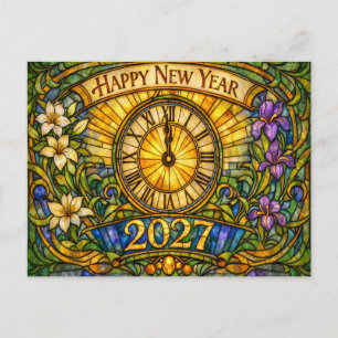 Cartão Postal De Festividades Vidro Colorido Floral Ano Novo 2027