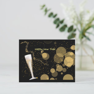 Cartão Postal De Festividades Vidro de Champanhe Luminosidade Ano Novo Preto/Dou