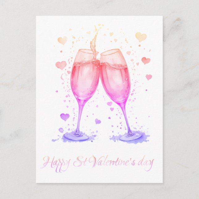 Cartão Postal De Festividades Vidros românticos Namorados de vinho (Frente)