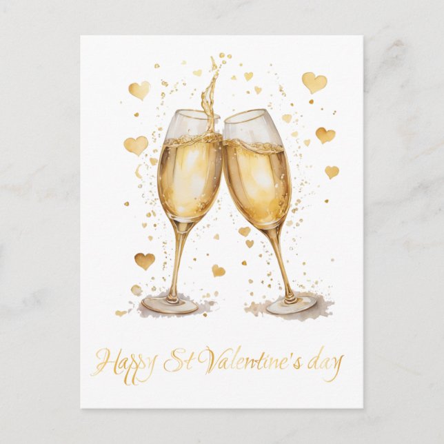 Cartão Postal De Festividades Vidros românticos Namorados de vinho (Frente)