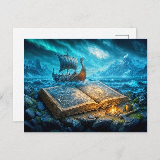 Cartão Postal De Festividades Viking ship vela do livro antigo (Frente/Verso)