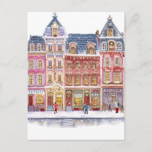 Cartão Postal De Festividades Vila de Natal de Inverno em Aquarela