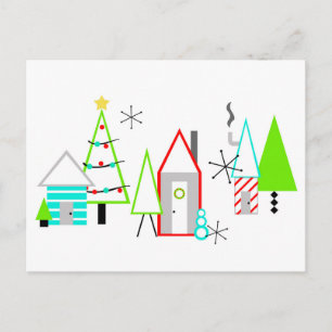 Cartão Postal De Festividades vila de natal moderno de meados do século