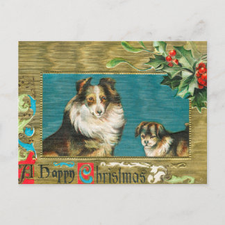 Cartão Postal De Festividades Vintage 1908 Cães Collie Dourados Feliz Natal