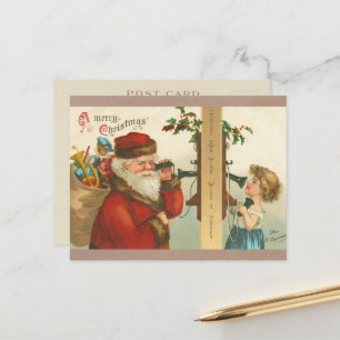Cartão Postal De Festividades Vintage 1910 Menina chamando Papais noeis de Natal