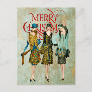 Cartão Postal De Festividades Vintage 1930 Mulheres Saudação de Natal