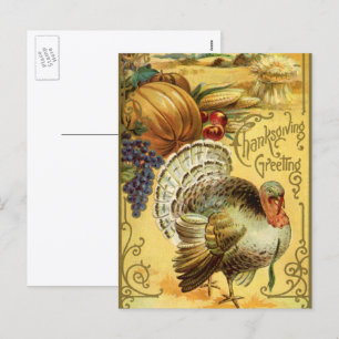 Cartão Postal De Festividades Vintage Ação de Graças Saudação com a Turquia