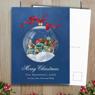 Cartão Postal De Festividades Vintage Blue Car Christmas