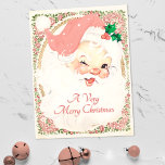 Cartão Postal De Festividades Vintage Blush Pink Winking Santa Claus Christmas<br><div class="desc">distressed and weathered old world style santa. claus dressed in beautiful blush pink hat,  signalling a jolly holiday wink. Saint nick is surrounded by gold and floral victorian framework,  and a greeting that can be personalized</div>