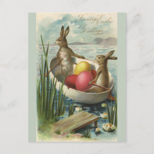 Cartão Postal De Festividades "Vintage Bunnies in Boat", "Loving Páscoa Saudaç