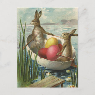 Cartão Postal De Festividades "Vintage Bunnies in Boat", "Loving Páscoa Saudaç