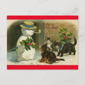 Cartão Postal De Festividades Vintage Cats Snow Man Merry Christmas Post Card