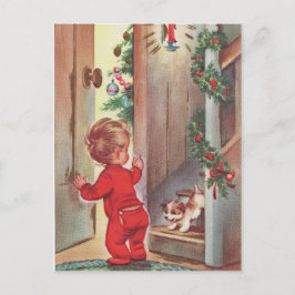 Cartão Postal De Festividades Vintage Child and Puppy Christmas Themed