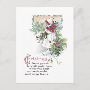 Cartão Postal De Festividades Vintage Christmas Card Little Girl with Poinsettia