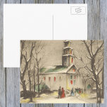 Cartão Postal De Festividades Vintage Christmas, Church in Winter Snowscape<br><div class="desc">Vintage illustration Victorian Christmas holiday religious design featuring a church in a winter landscape with trees. There is snow on the ground and parishioners are arriving for services. Beautiful antique tones with bright colors of red and green in the windows.</div>
