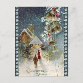 Cartão Postal De Festividades Vintage Church and Bells Christmas