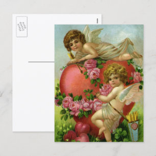 Cartão Postal De Festividades Vintage Dia de os namorados Vitoriano Angels Heart