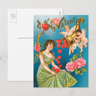 Cartão Postal De Festividades Vintage, Dia de os namorados vitoriano, anjos com