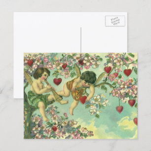 Cartão Postal De Festividades Vintage Dia de os namorados vitoriano Cupids Árvo