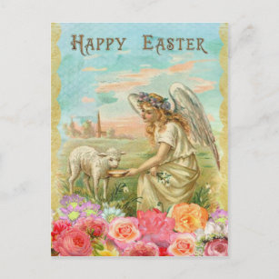 Cartão Postal De Festividades Vintage Easter. Angel and Lamb.