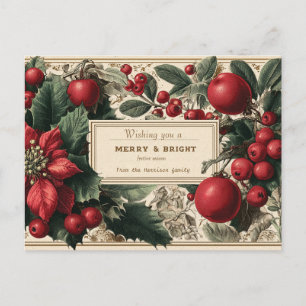 Cartão Postal De Festividades Vintage "Feliz e Brilho" Saudação Floral de Natal