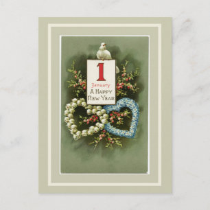 Cartão Postal De Festividades Vintage Floral Hearts and Dove Feliz ano novo