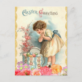 Cartão Postal De Festividades Vintage Floral Páscoa Girl and Egs