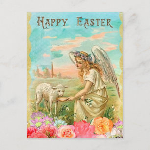Cartão Postal De Festividades Vintage Floral Páscoa Lamb and Angel