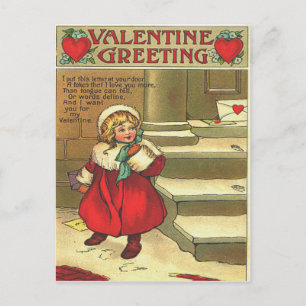 Cartão Postal De Festividades Vintage Girl deixando a placa de Namorados na port