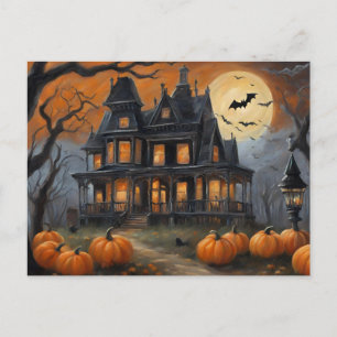 Cartão Postal De Festividades Vintage Halloween House e Full Moon