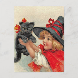 Cartão Postal De Festividades Vintage Halloween Postcard - Girl & Black Cat