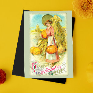 Cartão Postal De Festividades Vintage Heart Graças Saudação Pumpkin