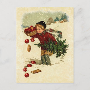 Cartão Postal De Festividades Vintage Illustration Boy Christmas Tree Cookies