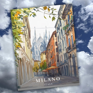 Cartão Postal De Festividades Vintage Italy Milano Milan Travel Watercolor 