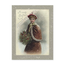 Vintage Lady in Snow com Saudação de Natal