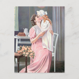 Cartão Postal De Festividades Vintage Madre beijando sua filha