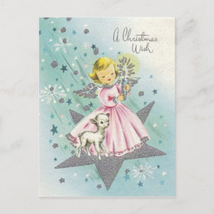 Cartão Postal De Festividades Vintage Meio século Angel e Lamb
