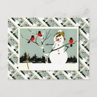 Cartão Postal De Festividades Vintage Natal russo, boneco de neve e robins