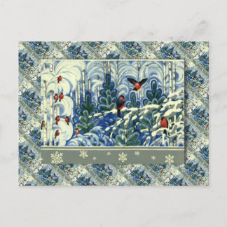 Cartão Postal De Festividades Vintage Natal russo, Robins na floresta