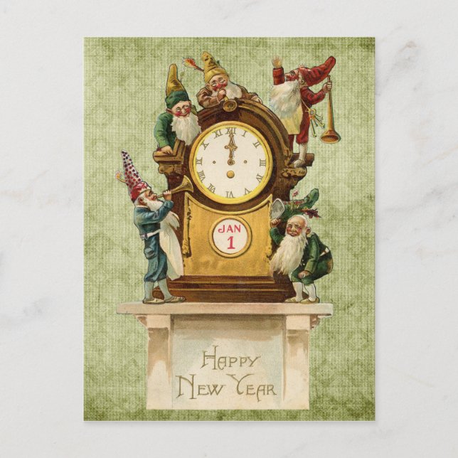 Cartão Postal De Festividades Vintage-New-Years-Gnomes (Frente)